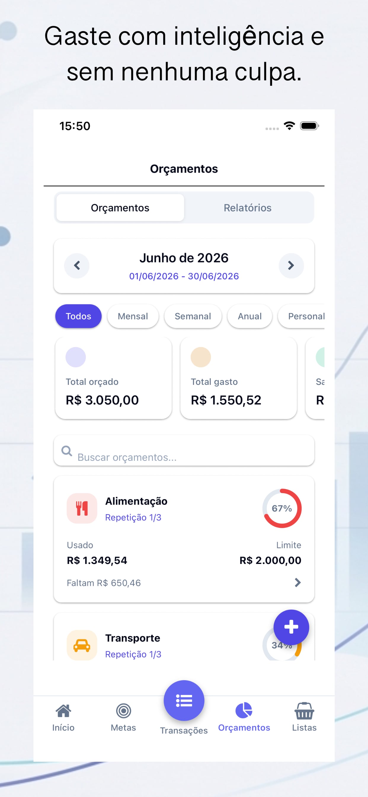 Tela de orçamentos do Moneyzin com total orçado, total gasto e limites por categoria (alimentação e transporte) com percentual usado